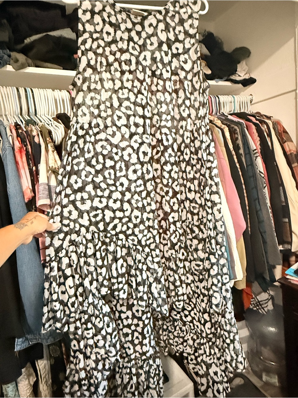 Sleeveless Black and White Leopard Print Tiered Tunic